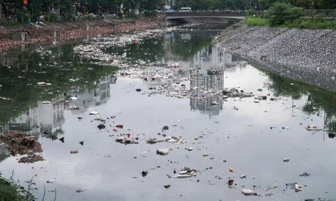 Rác 'ngập trắng' sông Tô Lịch sau cơn mưa lớn