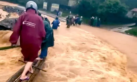 Giáo viên cắm bản vượt lũ trên cầu tạm từ 4 cây gỗ